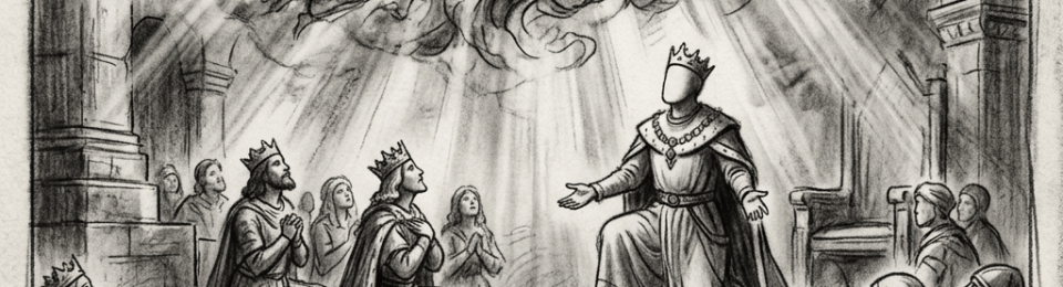 Medieval king kneeling in prayer before seated divine figure with angels around, people praying