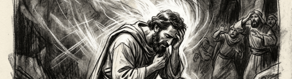 A man kneeling on the ground with glowing light swirling around him, while several people watch with surprised expressions in a cave-like setting.