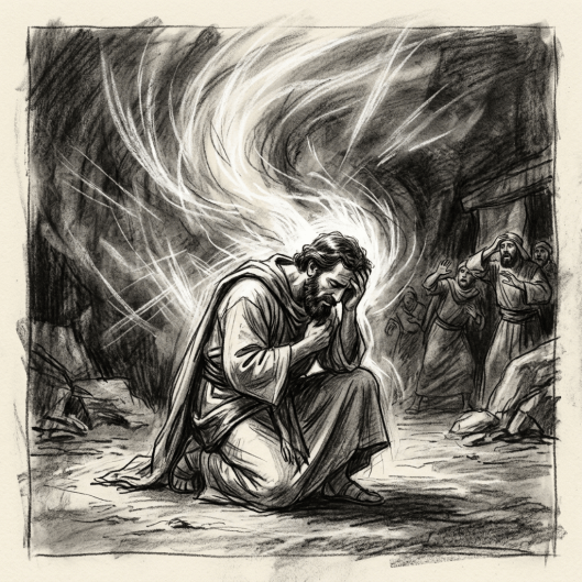 A man kneeling on the ground with glowing light swirling around him, while several people watch with surprised expressions in a cave-like setting.