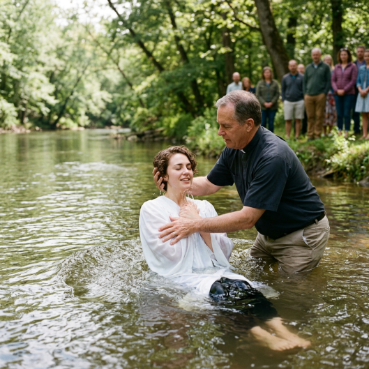 Clergy baptizing a person in a river with a group watching on the bank