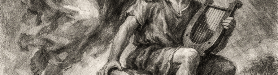 An ethereal figure touches a seated young man holding a lyre on a rock