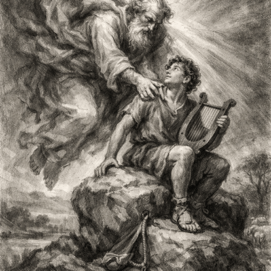 An ethereal figure touches a seated young man holding a lyre on a rock