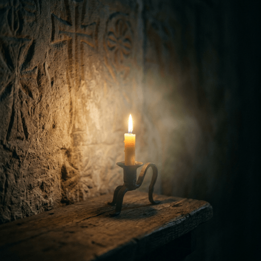 Lit candle in iron holder on wooden surface near carved stone wall