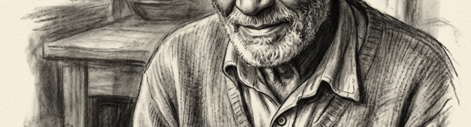 Elderly man holding prayer beads with a gentle smile