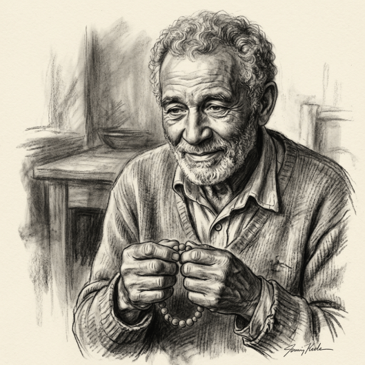 Elderly man holding prayer beads with a gentle smile