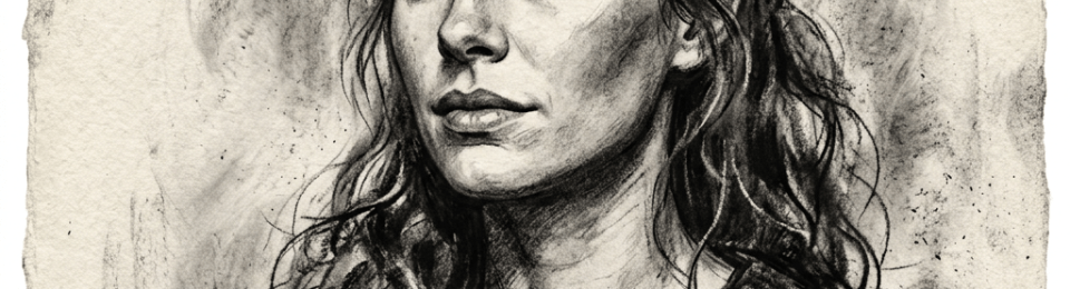 Charcoal portrait of a woman with wavy hair wearing a sweater looking slightly to the side