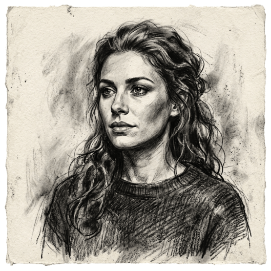 Charcoal portrait of a woman with wavy hair wearing a sweater looking slightly to the side