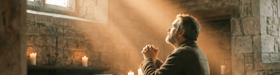 Man kneeling and praying at an altar in a stone chapel with light streaming through stained glass windows