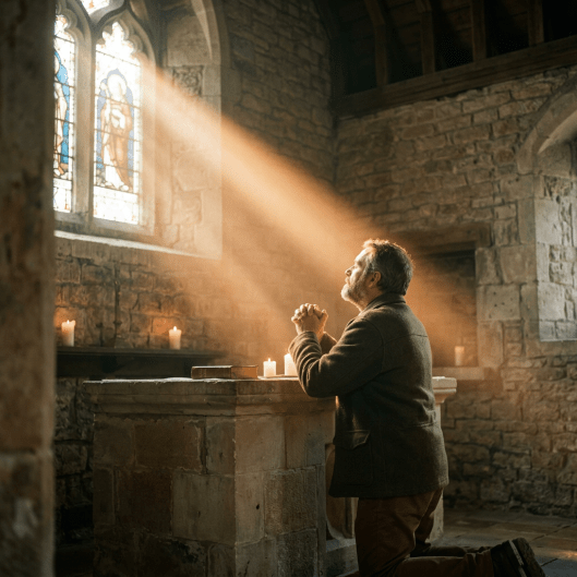 Man kneeling and praying at an altar in a stone chapel with light streaming through stained glass windows
