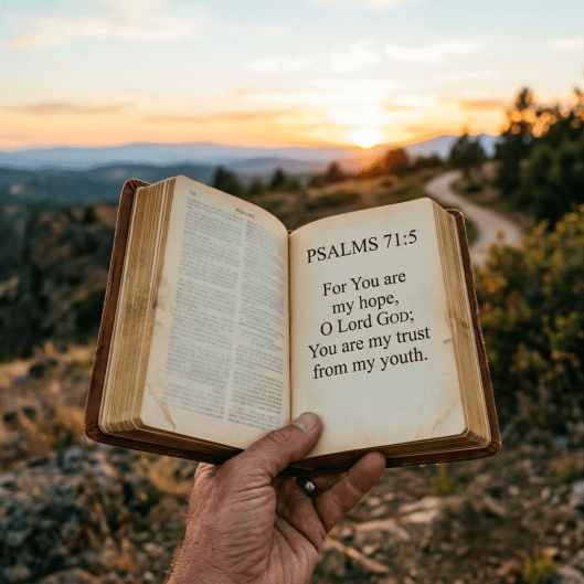 Open Bible showing Psalms 71:5 verse about hope and trust at sunset outdoors