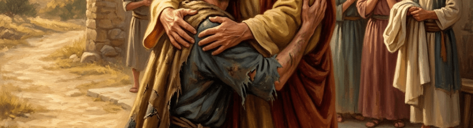 Prodigal son kneeling and embracing his elderly father with onlookers in the background