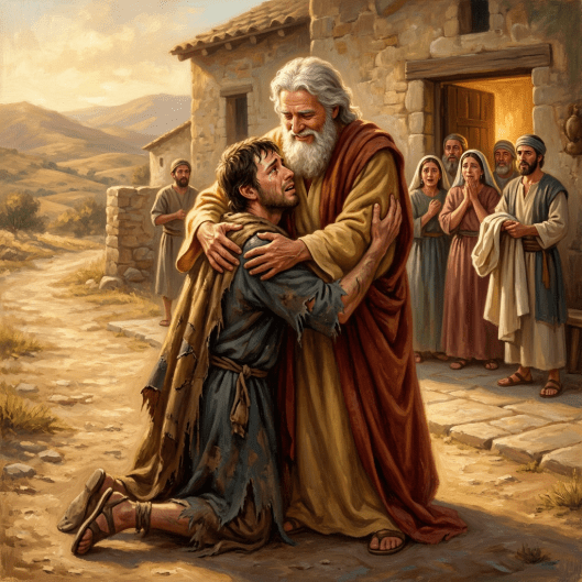 Prodigal son kneeling and embracing his elderly father with onlookers in the background