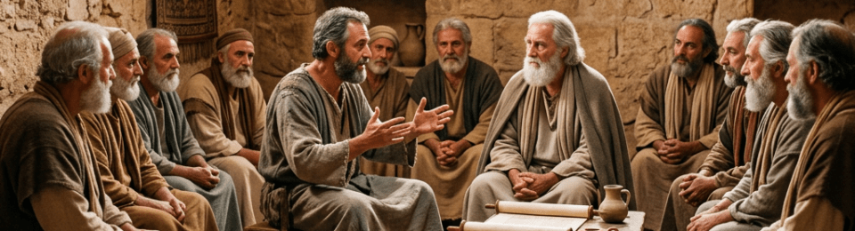 Men in robes seated in a stone room, one speaking to others around a wooden table with scrolls