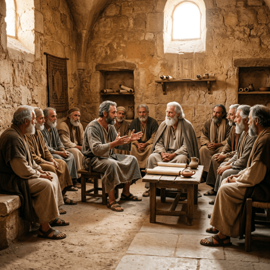 Men in robes seated in a stone room, one speaking to others around a wooden table with scrolls