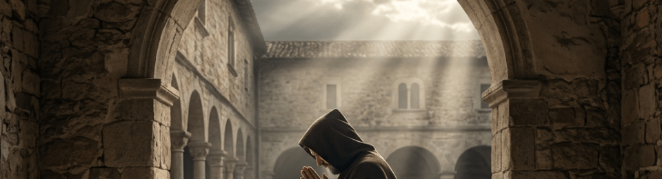 Monk kneeling and praying in a stone courtyard under an arched ceiling with sunlight beams and an open Bible