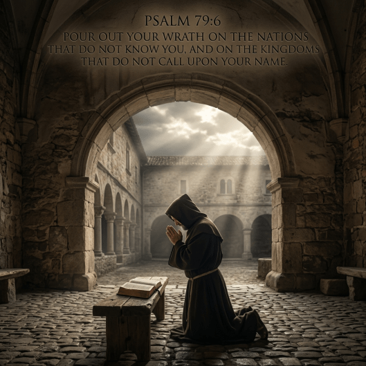 Monk kneeling and praying in a stone courtyard under an arched ceiling with sunlight beams and an open Bible