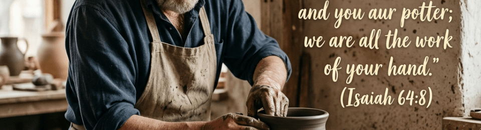 Elderly man shaping clay on a pottery wheel with Isaiah 64:8 text