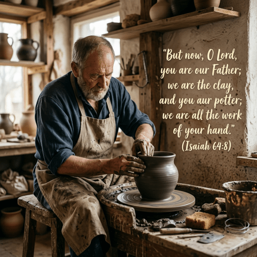 Elderly man shaping clay on a pottery wheel with Isaiah 64:8 text