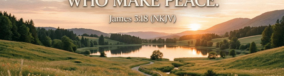 Countryside landscape with a river, flowers, and sunset, featuring James 3:18 Bible verse