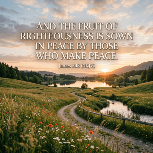 Countryside landscape with a river, flowers, and sunset, featuring James 3:18 Bible verse