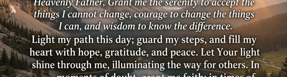 Prayer text for guidance and strength over mountains and lake at sunrise with person praying