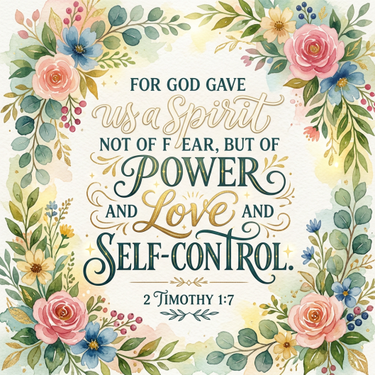 2 Timothy 1:7 Bible verse with floral decorations and elegant lettering