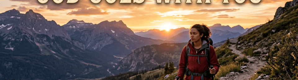 Hiker walking on rocky mountain trail at sunset with text 'Courage, God goes with you'