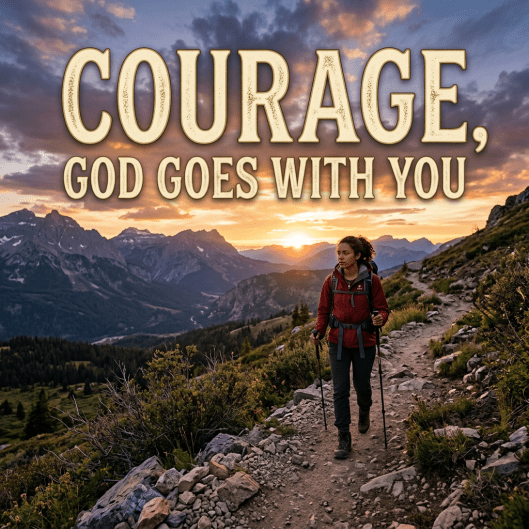 Hiker walking on rocky mountain trail at sunset with text 'Courage, God goes with you'