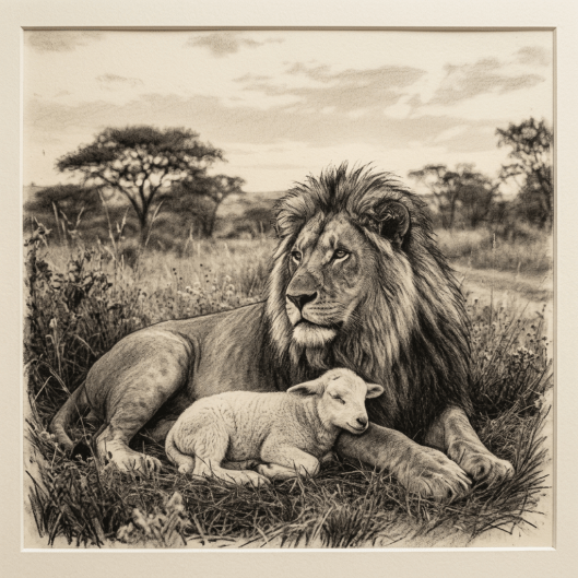 A lion lying down with a lamb resting its head on the lion's front leg in a grassy field