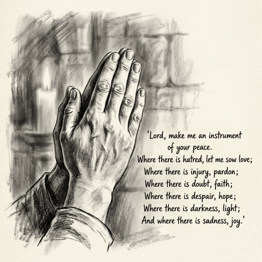 Charcoal drawing of hands clasped in prayer with peace prayer text