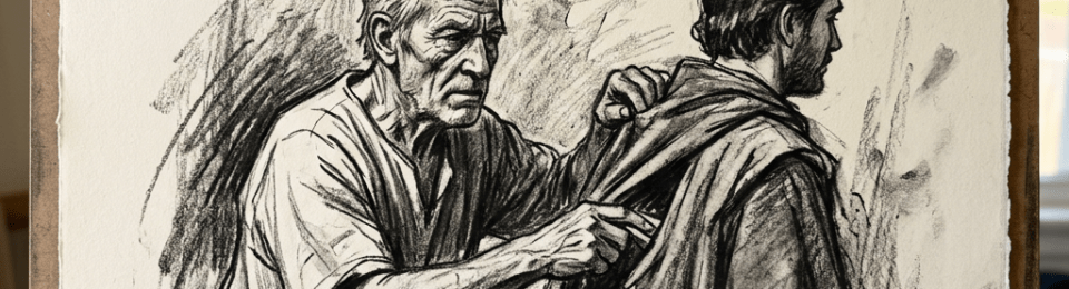Older man caught stealing from younger man's cloak with text 'You shall not steal. Exodus 20:15'