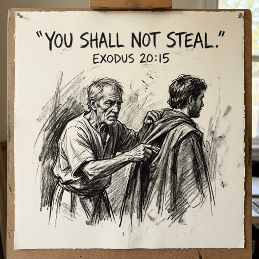 Older man caught stealing from younger man's cloak with text 'You shall not steal. Exodus 20:15'