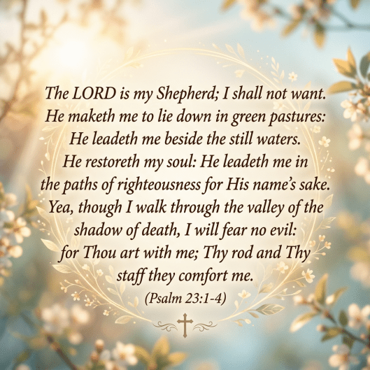 Text of Psalm 23:1-4 with a floral decorative frame and cross symbol