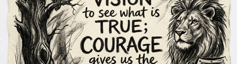 Quote about wisdom giving vision and courage giving strength, with owl on tree and lion with shield illustrations