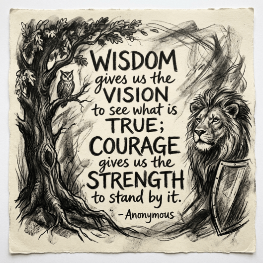 Quote about wisdom giving vision and courage giving strength, with owl on tree and lion with shield illustrations