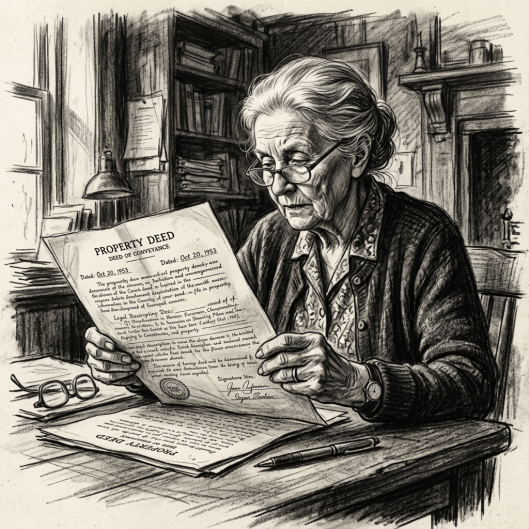Elderly woman reading a property deed at a wooden desk with glasses and pen nearby